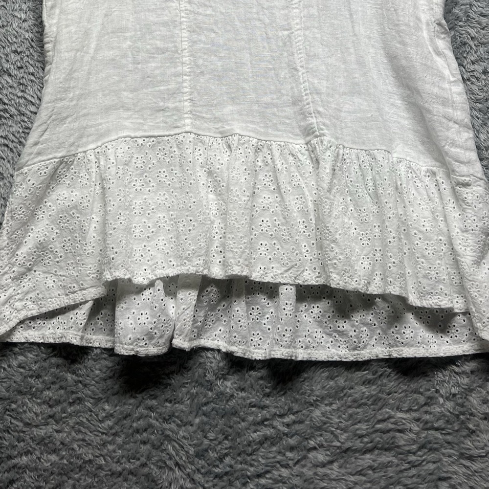 Lungo Larno Womens Large White Linen Eyelet Ruffle Cap Sleeve Top Blouse Italy - Picture 4 of 8